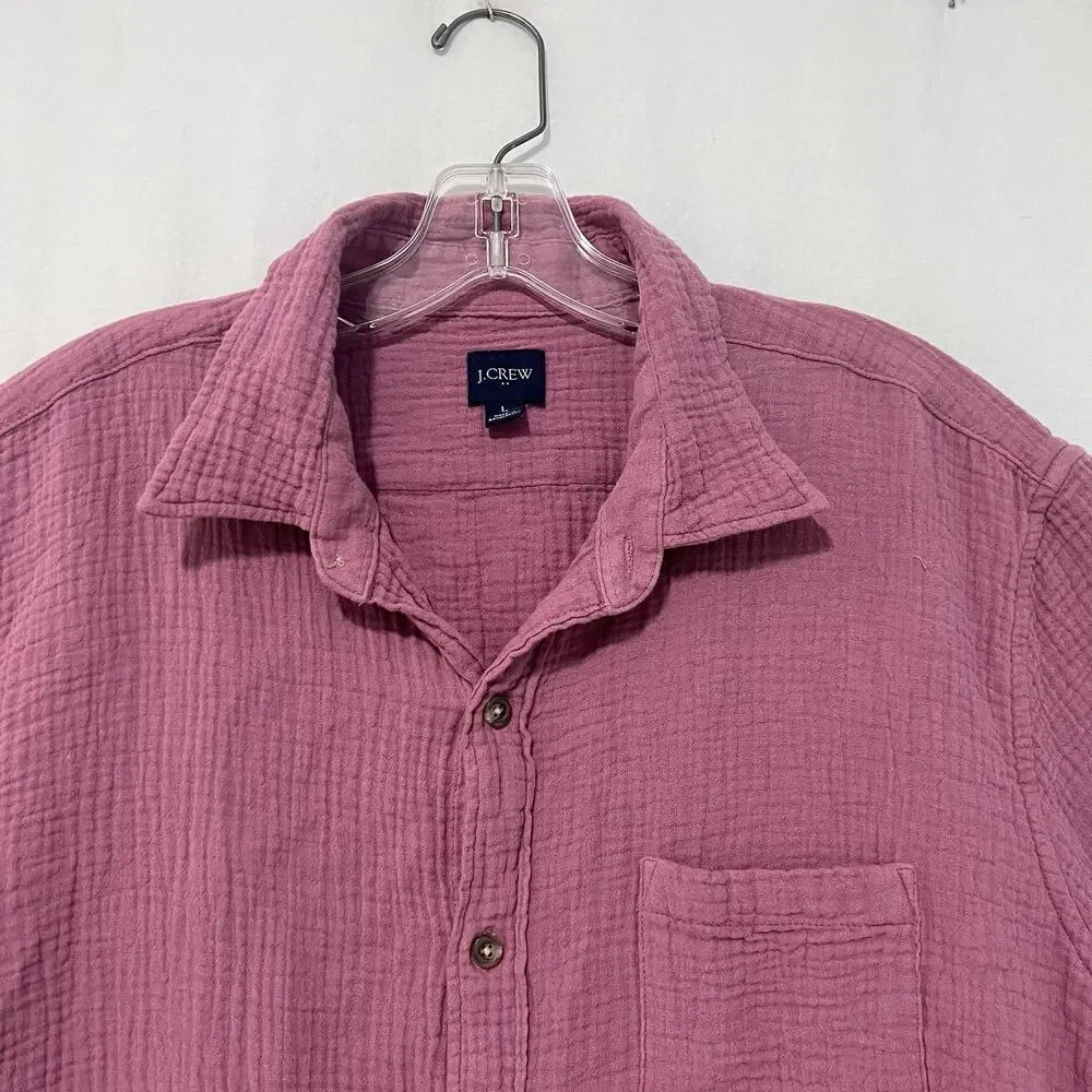 J. Crew Double Gauze Button Down Shirt Mens Size L Pink Cotton Short Sleeve